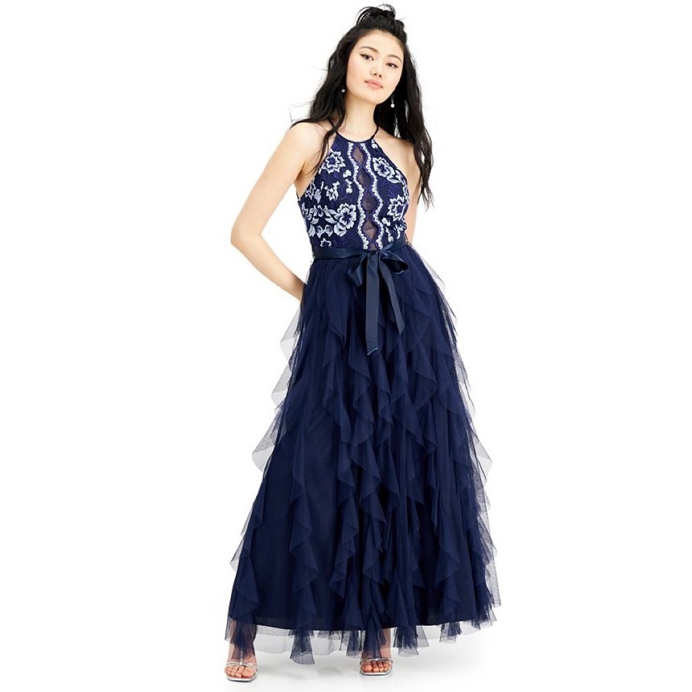 Teeze Me Embroidered-Top Layered-Skirt Gown